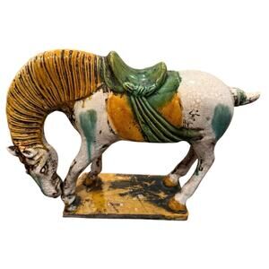 Chinese Sancai Tang Dynasty Style Crackle Finish Glazed Ceramic War Horse Statue